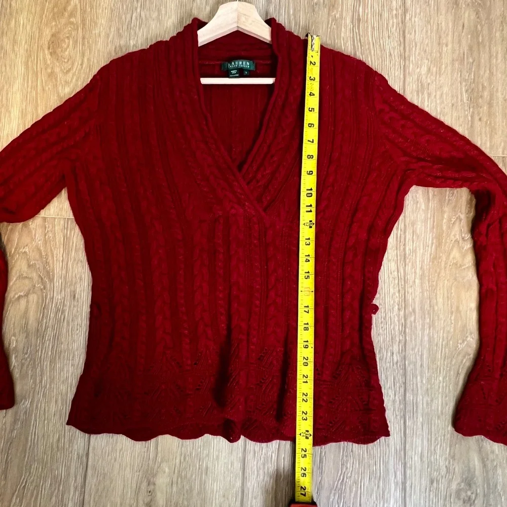 Lauren Ralph Lauren Red Cable Knit V Neck Sweater Bell Sleeve Size‎ L